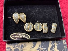 Vintage Diamond Dust Clip On Earrings Jewelry Set Of 3 Gold Tone 80s