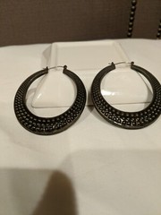 Vintage Earrings Hoop Wire Closure Hollow Metal Embossed Damask Motif Large