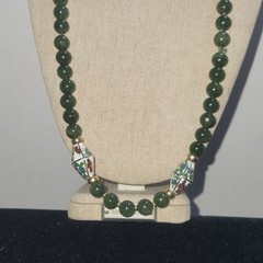 Green Nephrite Jade Beaded Necklace Floral Cloisonne Enamel Accents 26in
