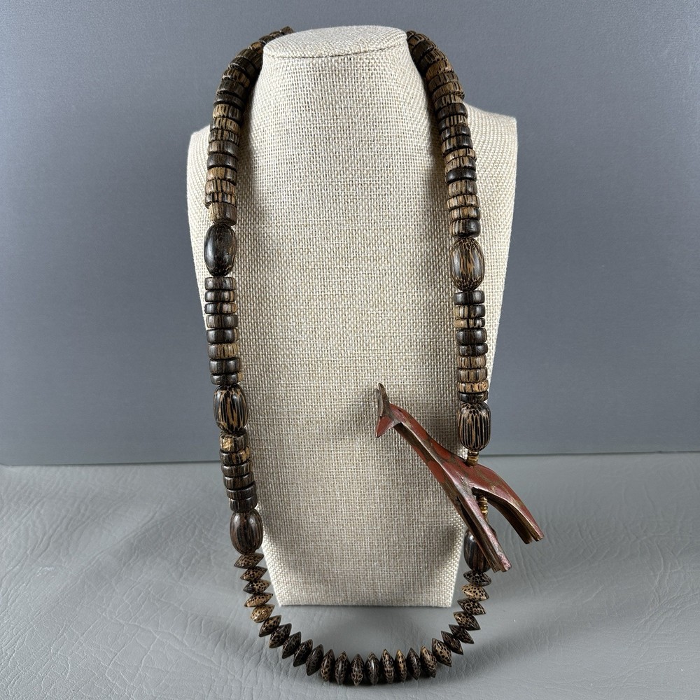 Vintage Giraffe Necklace Pendant Hand Carved Wood Bead Tribal Safari 30″