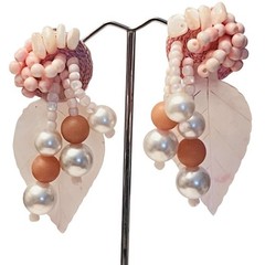 Clip Earrings VTG Rare Pink Chunky Beaded Dangle Mother Of Pearl Retro Beach 70s