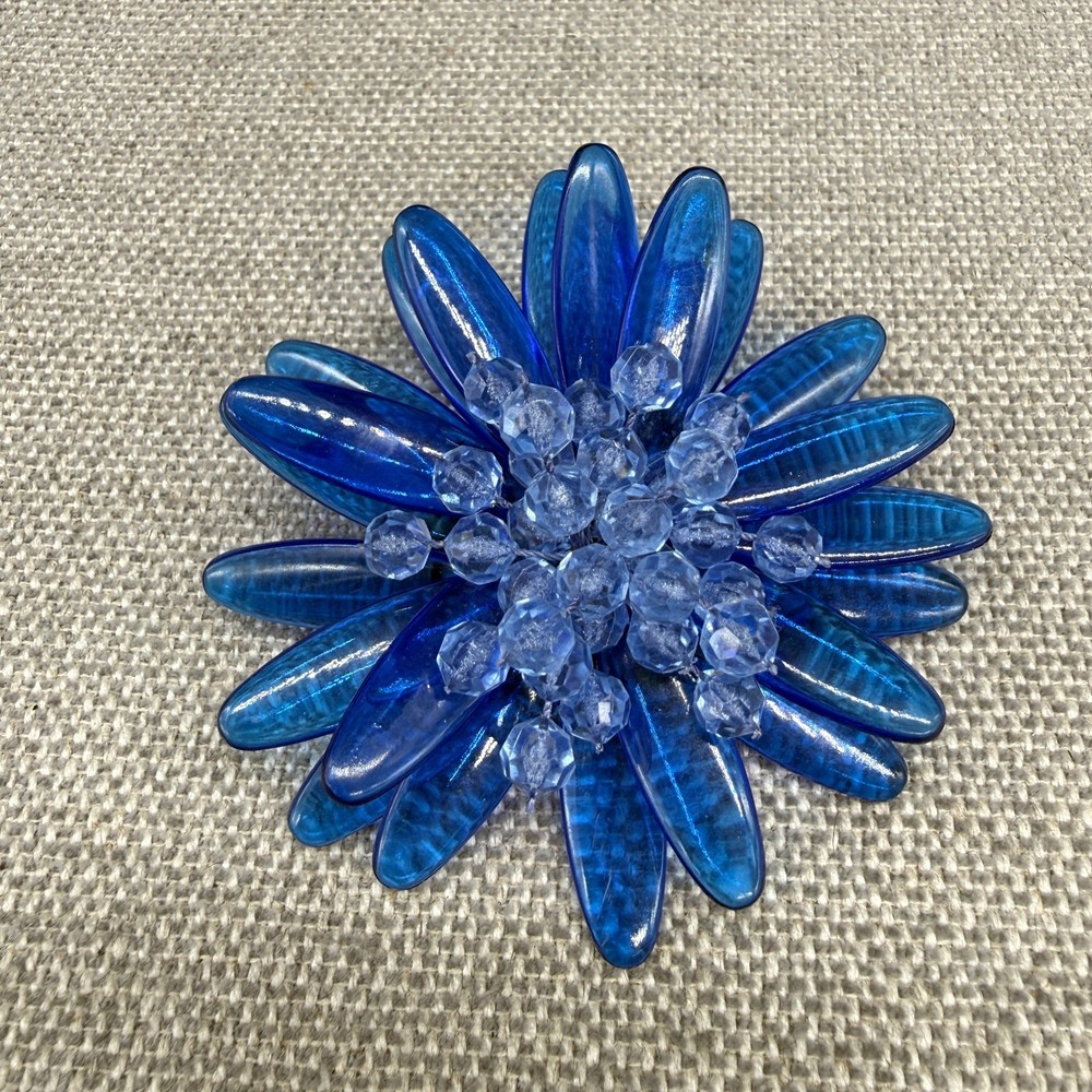 Vintage Lucite Brooch Blue Acrylic Flower Cluster Beads 2.5 Inches