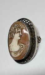 Vintage Cameo Carved Shell Portrait Of Lady Silver Filigree Brooch