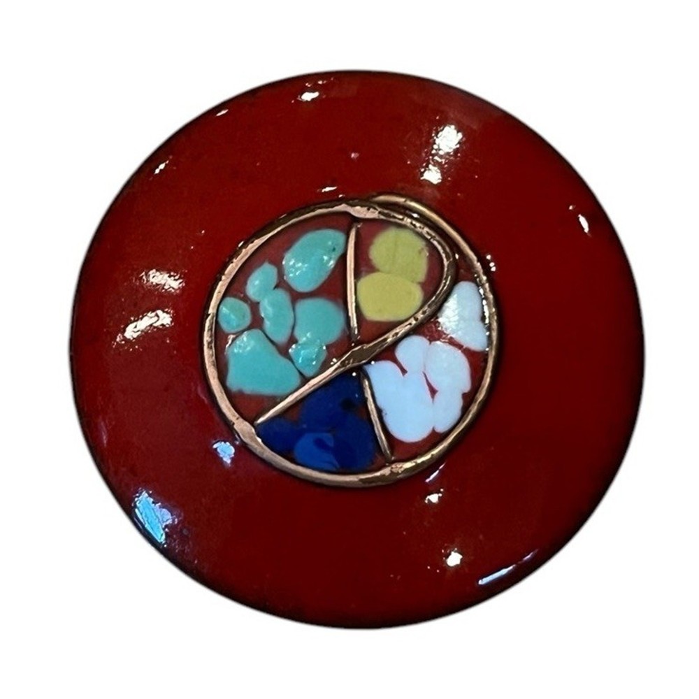 VTG Enamel Pin Brooch 1.5” Colorful Red W/ Green Yellow Blue White Copper Accent