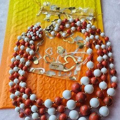 Vintage Japan 3-Strand Beaded Necklace Marbeled Orange and White