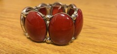 Red Oval Plastic Stone Silver Tone Metal Flex Stretchy Bracelet Adjustable Flaw