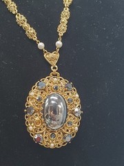 Vintage West Germany Filigree Hematite Cabochon Necklace Pendant