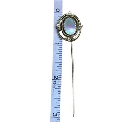 Antique Gold Tone Stick Hat Pin Abalone Iridescent Oval Stone & Leaf Design 3″