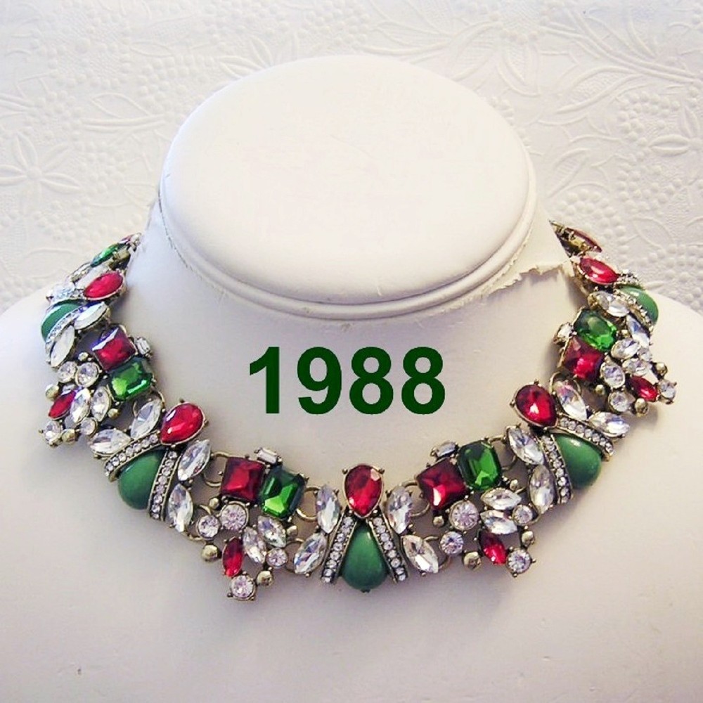 1988 The Ultimate Bold CHRISTMAS / Holiday / Party RHINESTONE Necklace RED GREEN