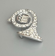 Vintage French Horn Brooch Musical Instrument Clear Rhinestones Silver Tone