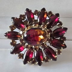 RUBY RED & AMBER RUNWAY BROOCH OVAL SMOOTH GLASS REDDISH/AMBER CABOCHON☆2.25″☆