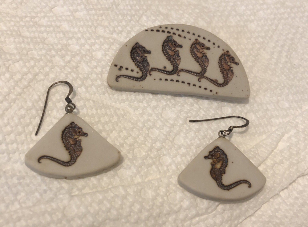 Vintage handmade fossilized looking seahorse pierced earrings and brooch