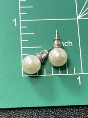 Vintage 8mm White Faux Pearl Silver Tone Metal Stud Earrings