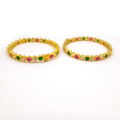 Luxury Ruby Emerald CZ Bangle Set, 22k Gold Plated, Elegant Traditional Wear