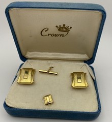 Vintage Hickok Cufflinks Tie Clip bar gold tone swirl black enamel background