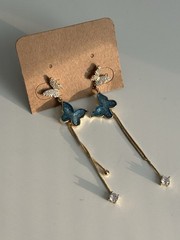 Goldtone Butterfly Earrings Blue And Clear Stones Dangles Post Back (pierced)