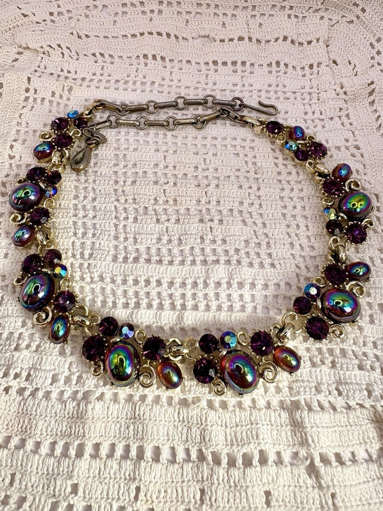 Vintage Lisner Violet Purple Oil Slick Rhinestone Adjustable Necklace 17”