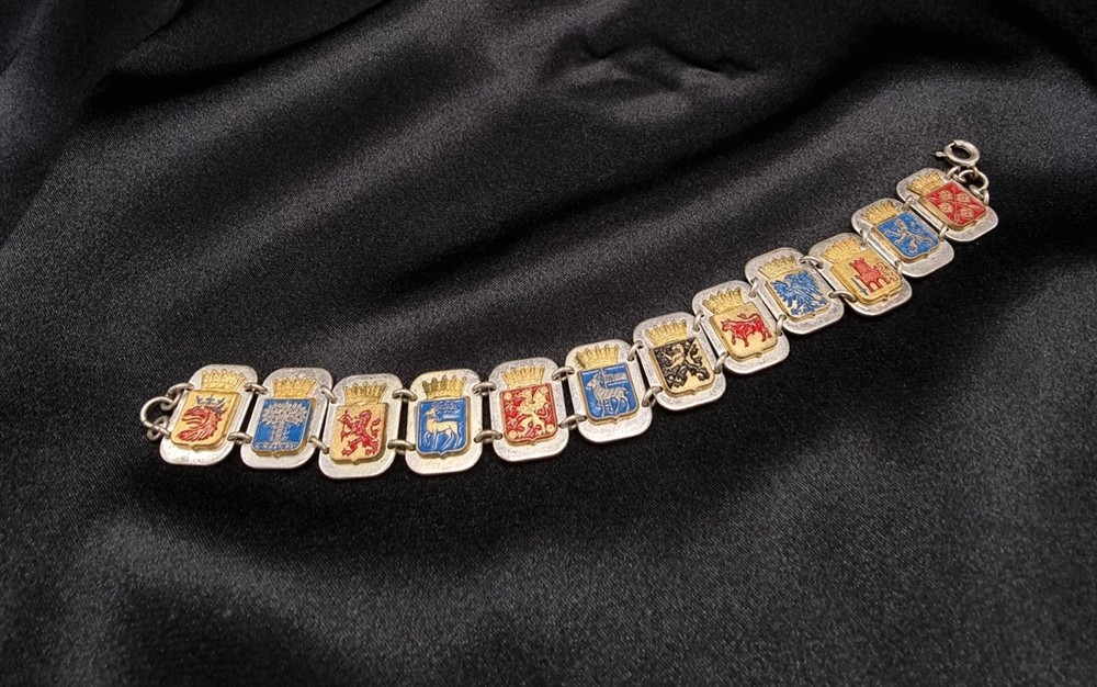 Swedish 1950’s-1970’s Vintage Enamel Heraldic Bracelet With Crowned Shields