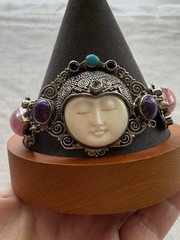 Vintage 925 Sterling Silver Multi Gemstone Goddess Toggle Bracelet Estate Jewelr