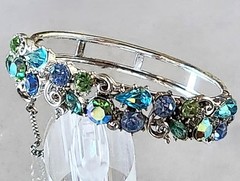 Lisner Vintage Rhinestone Bracelet & Earrings Blues Greens ABs Silver-Tone