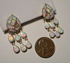 Beautiful Sterling & Opal Mosaic Pierced Earrings w Triple Drops post style