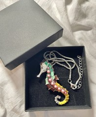 Vintage Colorful Seahorse Pendant Necklace Silver Tone & Enamel Pink Bead Charm