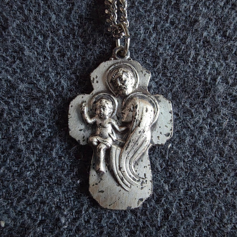 Vintage Holy Family Cross Pendant Necklace Jesus Mary Joseph 7 Years Indulgence