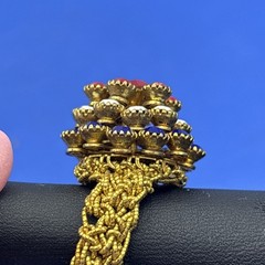 Vintage Red White Blue Rhinestone Stretch Ring Patriotic Flower Dome Gold Tone