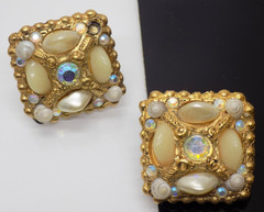 France Jacky de G Aurora Borealis Mother of Pearl Seashell Gold Clip On Earrings