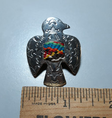 Vintage Thunderbird Pin – Silver‑Tone Metal with Woven Multicolor Inlay 1½ in