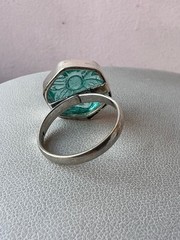 VINTAGE CARVED FLOWER AQUA BLUE GLASS RING 925 STERLING UNIQUE HEXAGON SHAPE