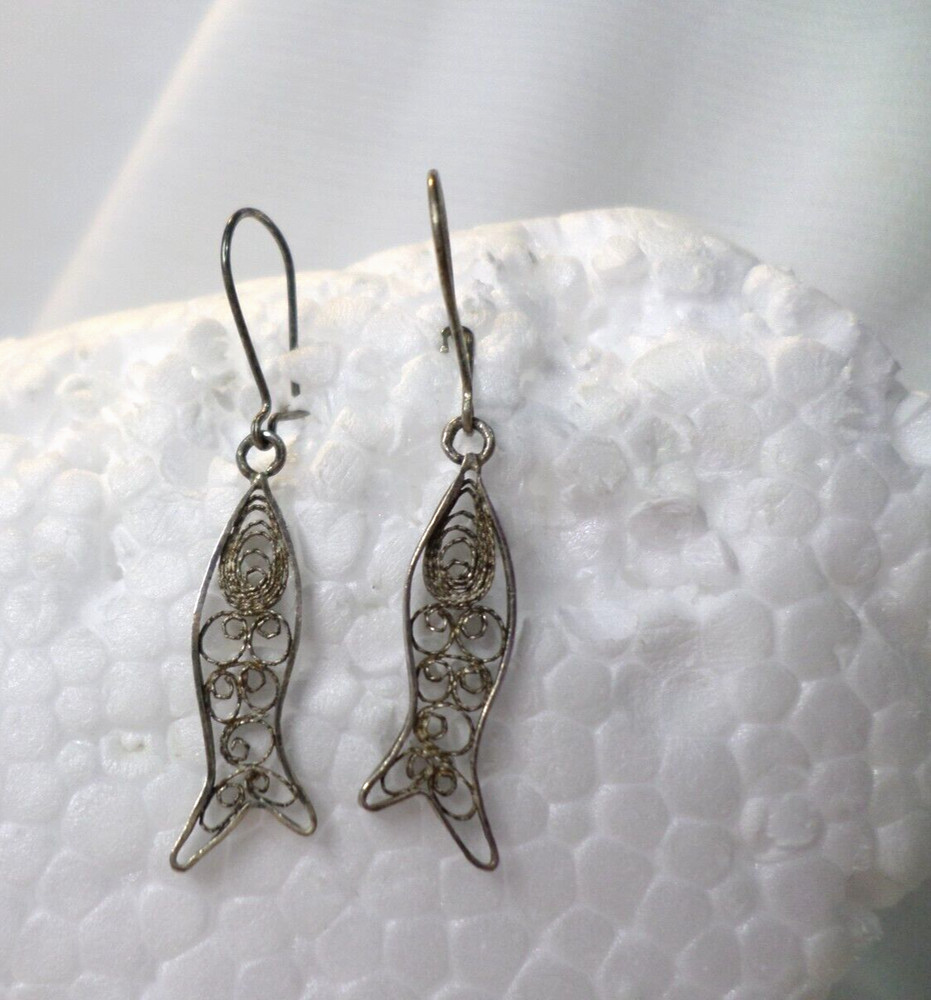 Vintage Filigree Spun Silver Rustic Fish Drop Dangle Wire Pierced Earrings