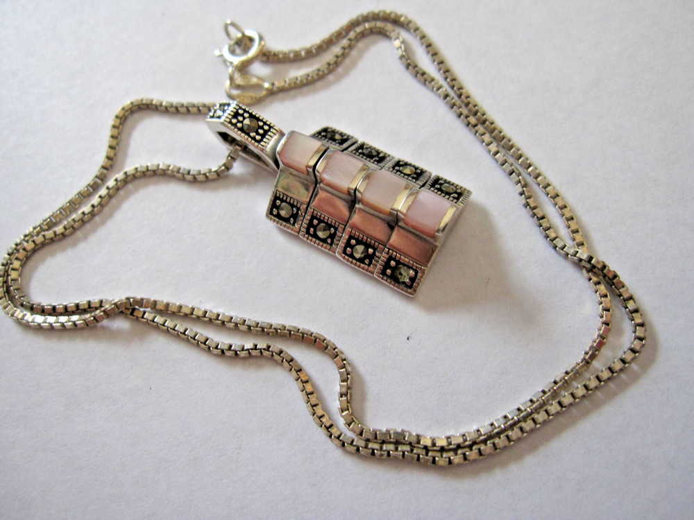 Sterling Silver Pink Mother of Pearl Marcasite Necklace- Pendant on SS Box Chain