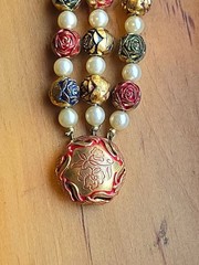 Vintage brass Beaded bracelet Gold Red & Green Metallic Accents & Faux Pearls