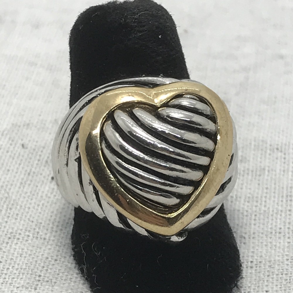 Vintage Two-tone SIlver / Gold Big Heart Ribbed Black Enamel Ring Varied sizes