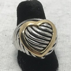 Vintage Two-tone SIlver / Gold Big Heart Ribbed Black Enamel Ring Varied sizes