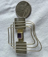 Vtg Signed YES Studio Poland Sterling Silver Amethyst Large Modern Pin & Pendant