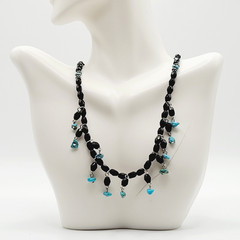 Southwestern Style Black Glass Faux Turquoise Beaded Fringe Vintage Necklace