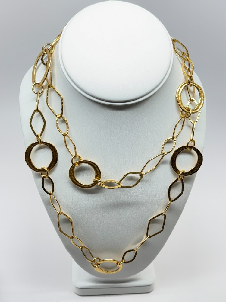 Vintage Erwin Pearl gold tone Necklace hammered gold tone 36″ signed