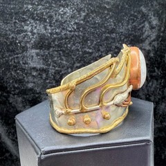 Vintage Brutalist Cuff Bracelet Mixed Metals Polished Stone 6.5”