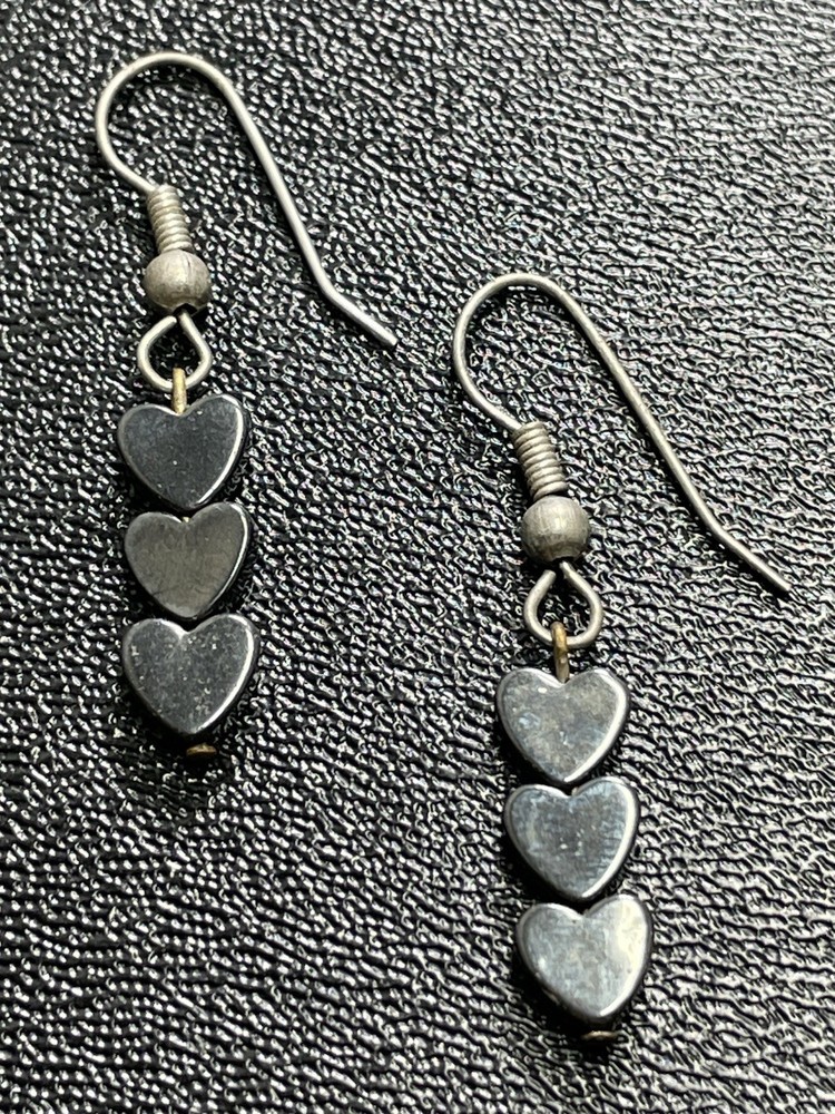 Vintage 1.5” Silver Hematite Gemstone Heart Beaded Dangle Earrings