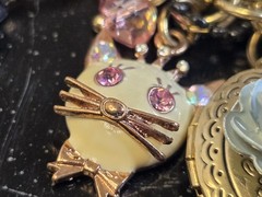 VINTAGE BETSEY JOHNSON PINK CORSET ENAMEL FINISH DANGLING CHARMS FAUX PEARLS…