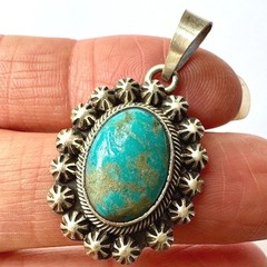 Navajo Turquoise Pendant 1.25 in Signed Skeets Oval Sterling Antiqued Stars