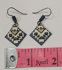 Vtg Polymer Clay Geometric Dangle Earrings Southwest / AK Quilt Block Blue Cream