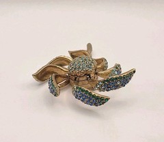 Vintage Signed Les Bernard Inc Blue/Green Crystal Movable Petal Flower Brooch