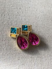 Signed Vintafe Gold Tone Pink and Green Swarovski Crystal Earrings!