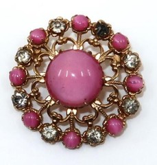Vintage Pink & Purple Prong Set Stones Button Pendant, Brooch or Pin, 1 1/4″