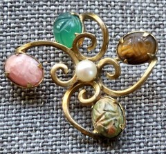 D’Abros 12K Gold Filled Brooch Pearl & Carved Scarab Stones Egyptian Revival