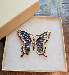 Vintage Butterfly Brooch features a Gold Tone Base w/ Enamel- Blue Green Purple