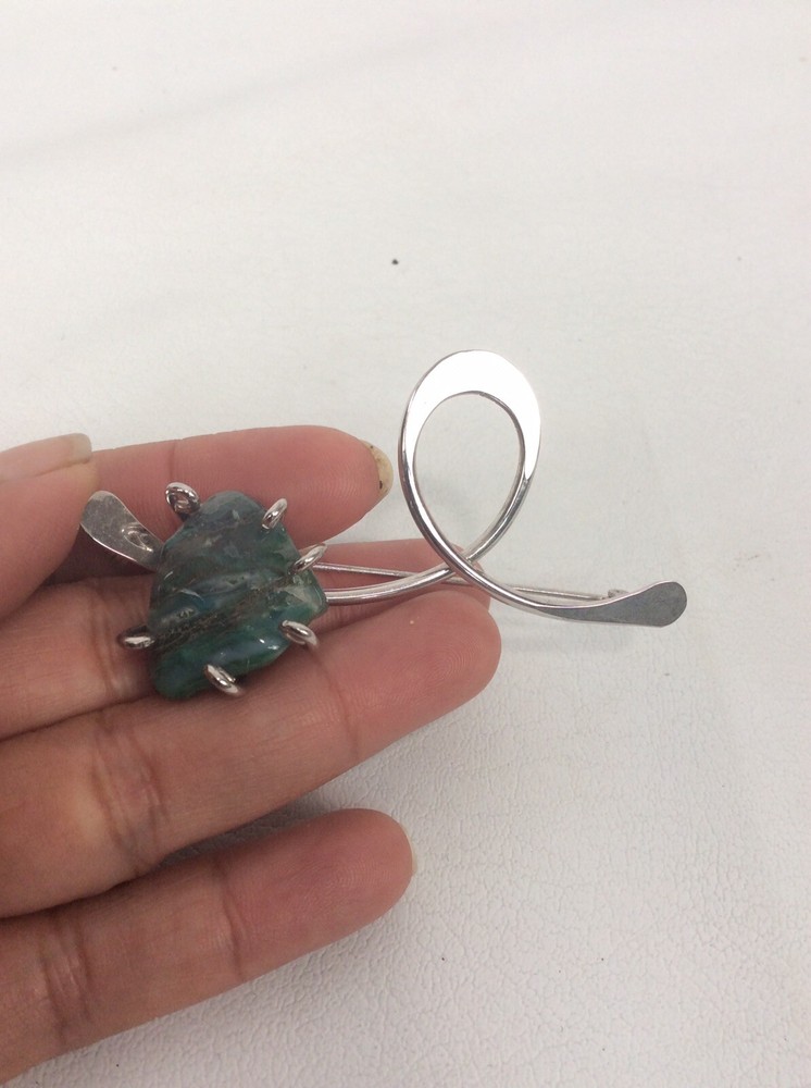 Vtg Artisan Studio Modernist Sterling Silver 925 Green Stone Pin Brooch